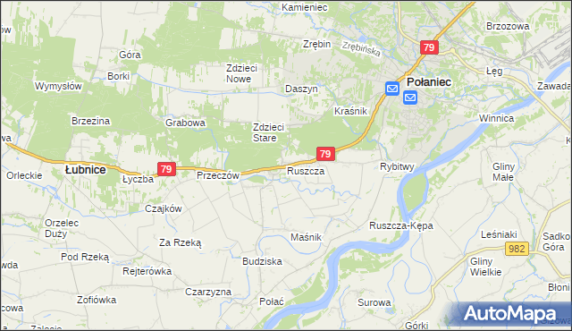 mapa Ruszcza gmina Połaniec, Ruszcza gmina Połaniec na mapie Targeo