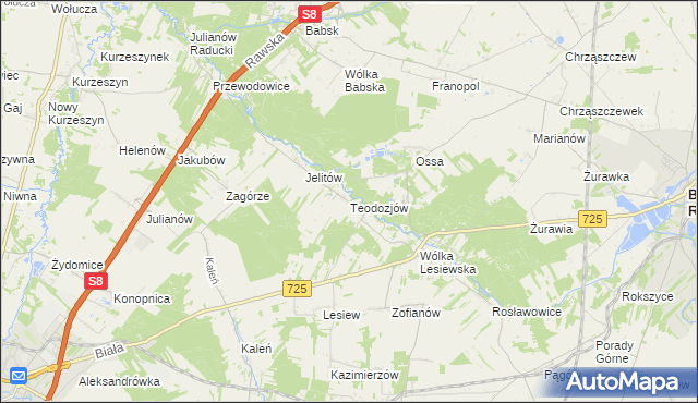 mapa Teodozjów gmina Biała Rawska, Teodozjów gmina Biała Rawska na mapie Targeo