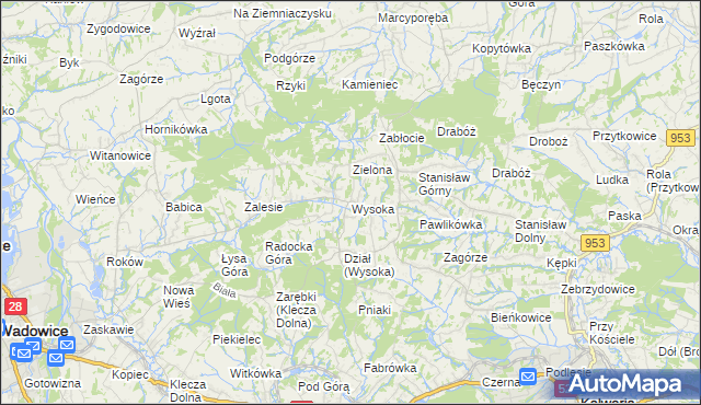 mapa Wysoka gmina Wadowice, Wysoka gmina Wadowice na mapie Targeo