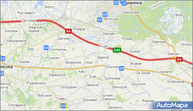 mapa Zagórze gmina Niepołomice, Zagórze gmina Niepołomice na mapie Targeo
