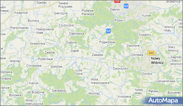 mapa Zawada gmina Bochnia, Zawada gmina Bochnia na mapie Targeo