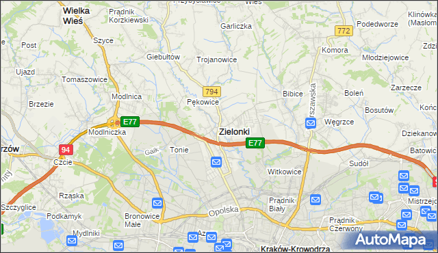 mapa Zielonki powiat krakowski, Zielonki powiat krakowski na mapie Targeo