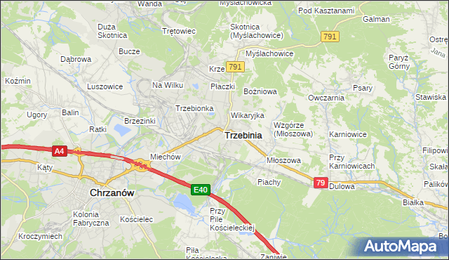 mapa Trzebinia powiat chrzanowski, Trzebinia powiat chrzanowski na mapie Targeo