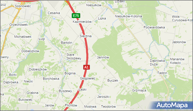 mapa Janinów gmina Brzeziny, Janinów gmina Brzeziny na mapie Targeo