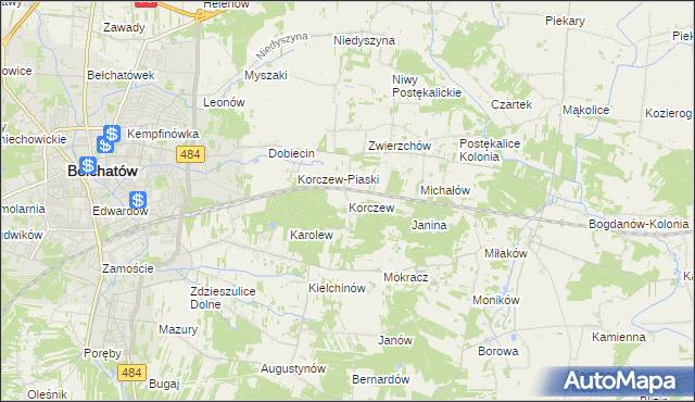 mapa Korczew gmina Bełchatów, Korczew gmina Bełchatów na mapie Targeo