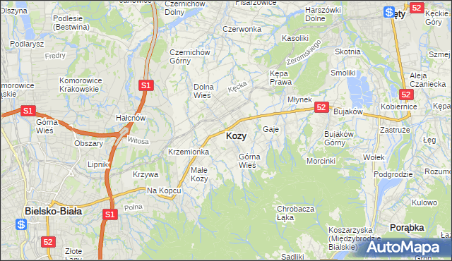 mapa Kozy powiat bielski, Kozy powiat bielski na mapie Targeo