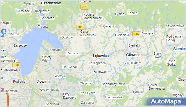 mapa Łękawica powiat żywiecki, Łękawica powiat żywiecki na mapie Targeo