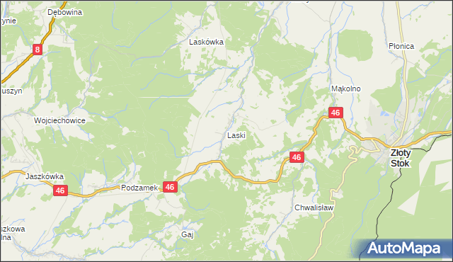 mapa Laski gmina Złoty Stok, Laski gmina Złoty Stok na mapie Targeo