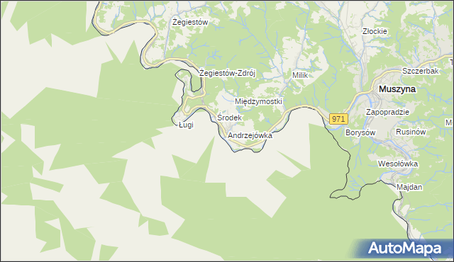 mapa Andrzejówka gmina Muszyna, Andrzejówka gmina Muszyna na mapie Targeo