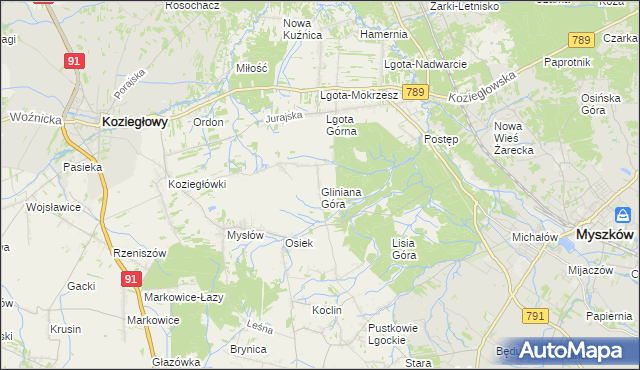 mapa Gliniana Góra gmina Koziegłowy, Gliniana Góra gmina Koziegłowy na mapie Targeo