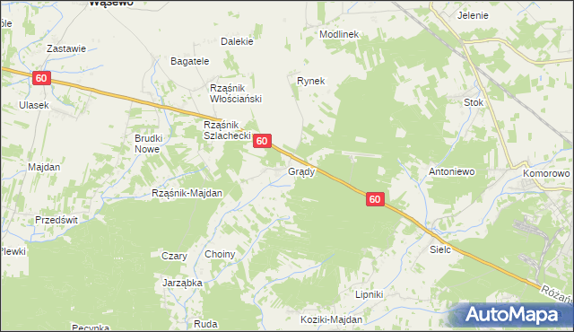 mapa Grądy gmina Wąsewo, Grądy gmina Wąsewo na mapie Targeo