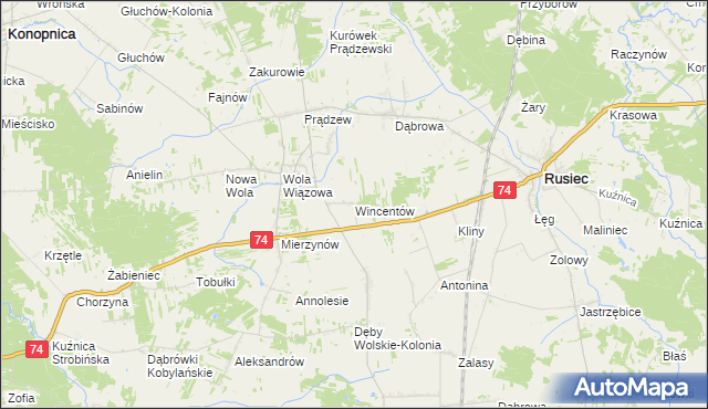 mapa Wincentów gmina Rusiec, Wincentów gmina Rusiec na mapie Targeo