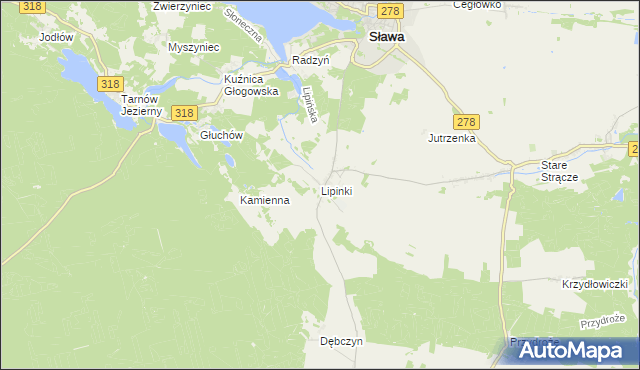 mapa Lipinki gmina Sława, Lipinki gmina Sława na mapie Targeo