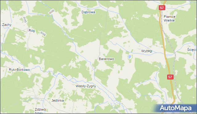 mapa Baranowo gmina Wielbark, Baranowo gmina Wielbark na mapie Targeo