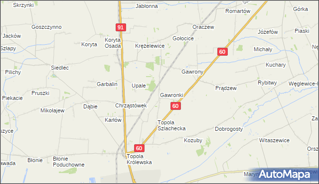 mapa Gawronki gmina Łęczyca, Gawronki gmina Łęczyca na mapie Targeo