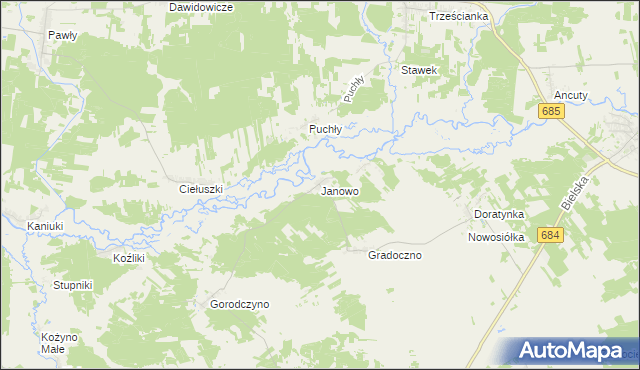 mapa Janowo gmina Narew, Janowo gmina Narew na mapie Targeo