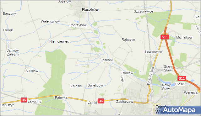 mapa Jaskółki gmina Raszków, Jaskółki gmina Raszków na mapie Targeo