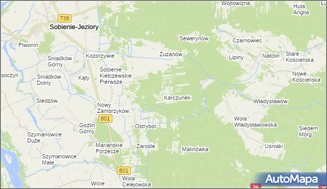 mapa Karczunek gmina Sobienie-Jeziory, Karczunek gmina Sobienie-Jeziory na mapie Targeo