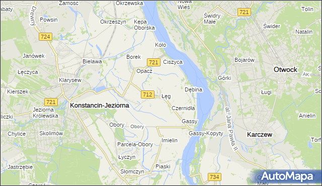 mapa Łęg gmina Konstancin-Jeziorna, Łęg gmina Konstancin-Jeziorna na mapie Targeo