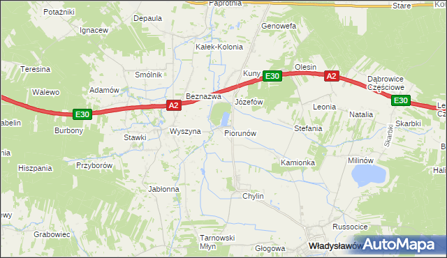 mapa Piorunów gmina Władysławów, Piorunów gmina Władysławów na mapie Targeo