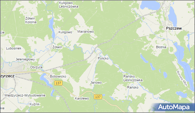 mapa Policko gmina Pszczew, Policko gmina Pszczew na mapie Targeo