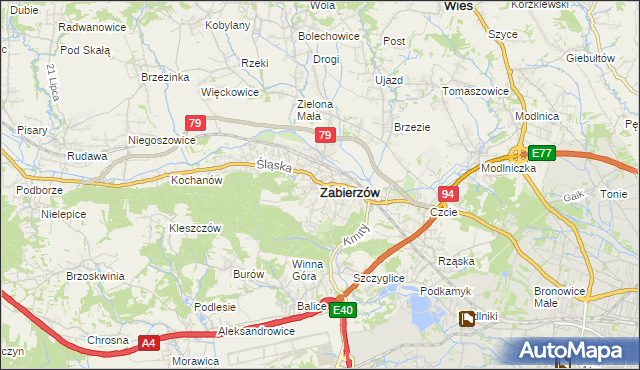 mapa Zabierzów powiat krakowski, Zabierzów powiat krakowski na mapie Targeo