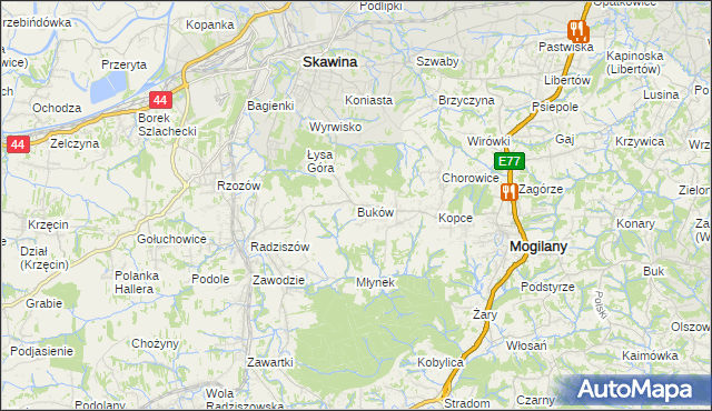 mapa Buków gmina Mogilany, Buków gmina Mogilany na mapie Targeo