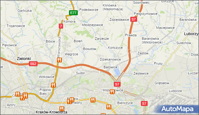 mapa Dziekanowice gmina Zielonki, Dziekanowice gmina Zielonki na mapie Targeo