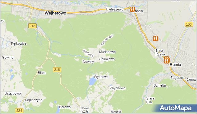 mapa Gniewowo gmina Wejherowo, Gniewowo gmina Wejherowo na mapie Targeo