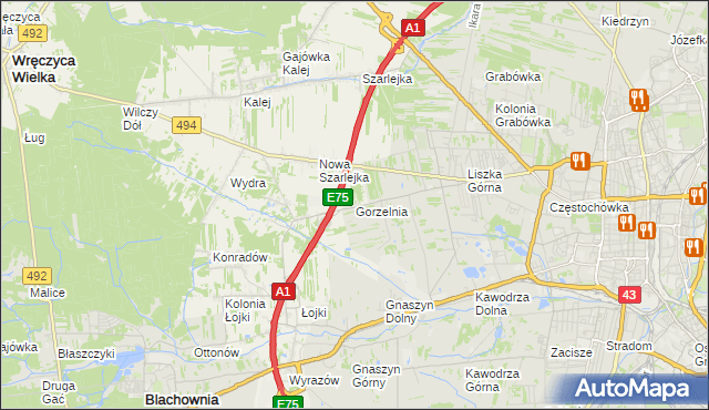 mapa Gorzelnia gmina Blachownia, Gorzelnia gmina Blachownia na mapie Targeo