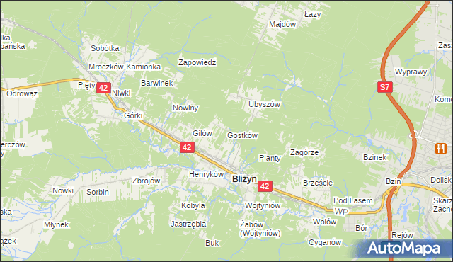 mapa Gostków gmina Bliżyn, Gostków gmina Bliżyn na mapie Targeo