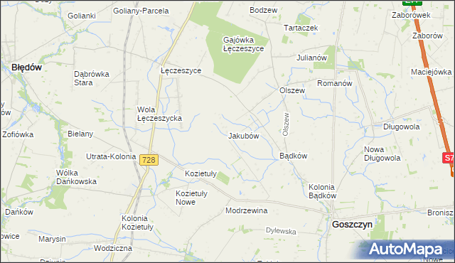 mapa Jakubów gmina Goszczyn, Jakubów gmina Goszczyn na mapie Targeo