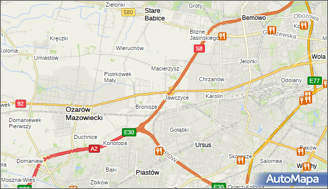 mapa Jawczyce gmina Ożarów Mazowiecki, Jawczyce gmina Ożarów Mazowiecki na mapie Targeo