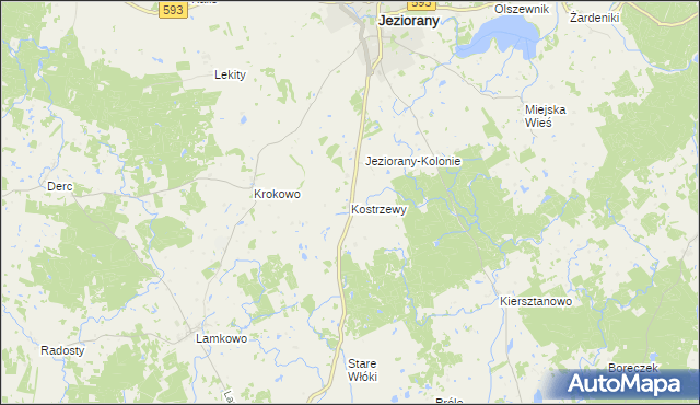 mapa Kostrzewy gmina Jeziorany, Kostrzewy gmina Jeziorany na mapie Targeo
