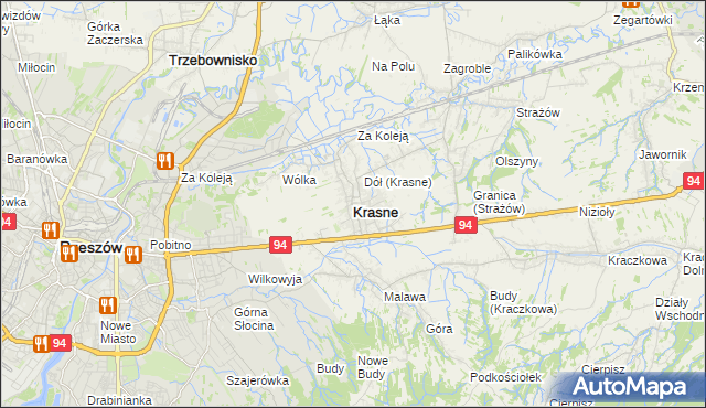 mapa Krasne powiat rzeszowski, Krasne powiat rzeszowski na mapie Targeo