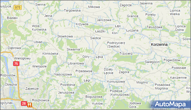 mapa Łęka gmina Korzenna, Łęka gmina Korzenna na mapie Targeo