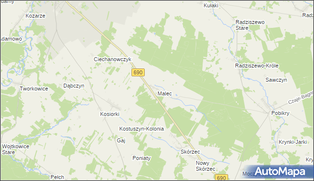 mapa Malec gmina Ciechanowiec, Malec gmina Ciechanowiec na mapie Targeo