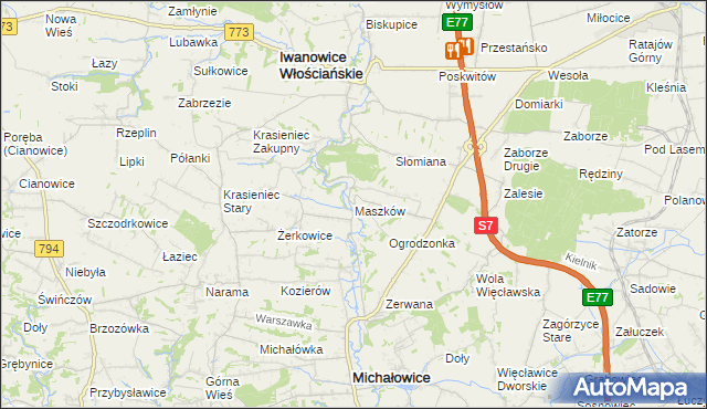 mapa Maszków gmina Iwanowice, Maszków gmina Iwanowice na mapie Targeo