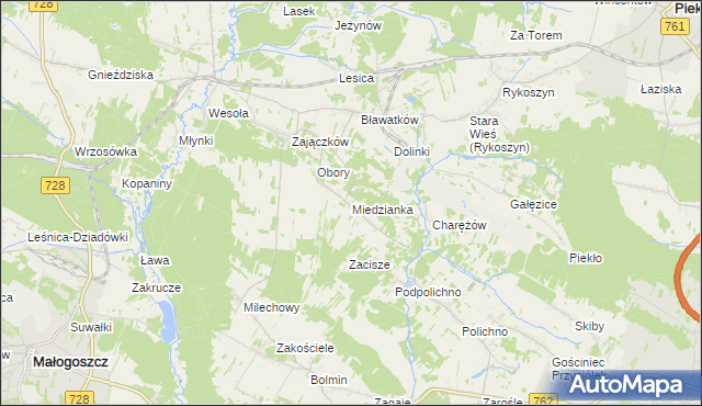 mapa Miedzianka gmina Chęciny, Miedzianka gmina Chęciny na mapie Targeo