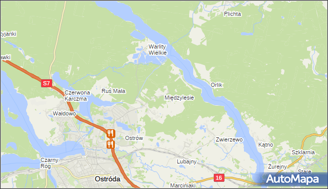 mapa Międzylesie gmina Ostróda, Międzylesie gmina Ostróda na mapie Targeo