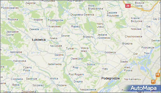 mapa Mokra Wieś gmina Podegrodzie, Mokra Wieś gmina Podegrodzie na mapie Targeo