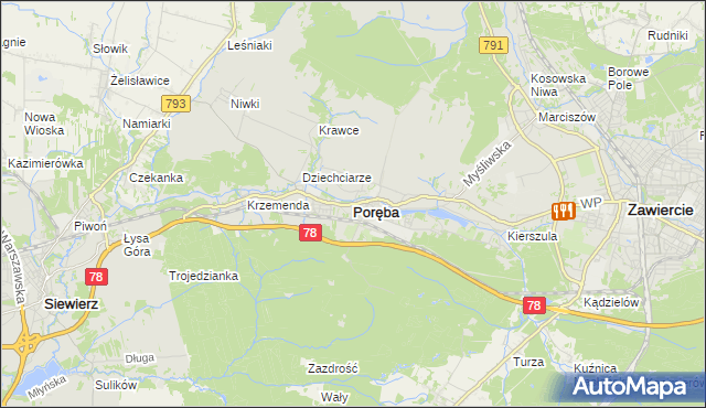 mapa Poręba powiat zawierciański, Poręba powiat zawierciański na mapie Targeo