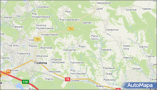 mapa Psary gmina Trzebinia, Psary gmina Trzebinia na mapie Targeo