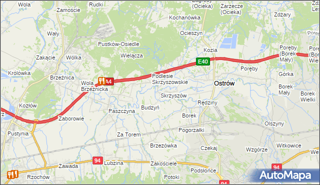 mapa Skrzyszów gmina Ostrów, Skrzyszów gmina Ostrów na mapie Targeo