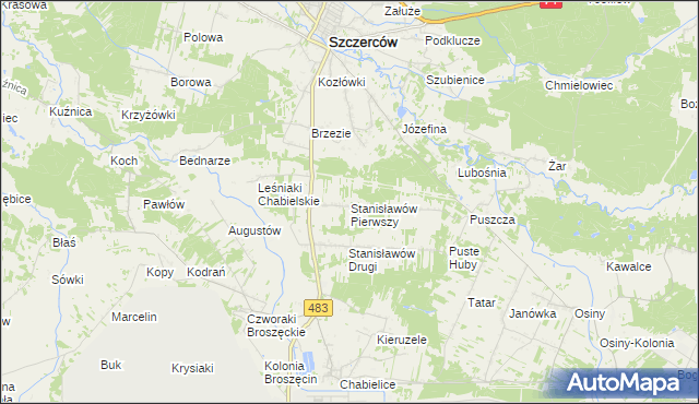 mapa Stanisławów Pierwszy gmina Szczerców, Stanisławów Pierwszy gmina Szczerców na mapie Targeo