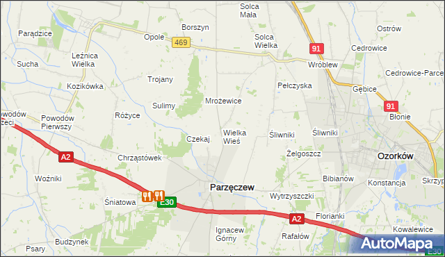 mapa Wielka Wieś gmina Parzęczew, Wielka Wieś gmina Parzęczew na mapie Targeo