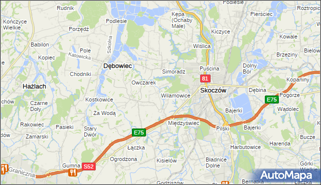 mapa Wilamowice gmina Skoczów, Wilamowice gmina Skoczów na mapie Targeo