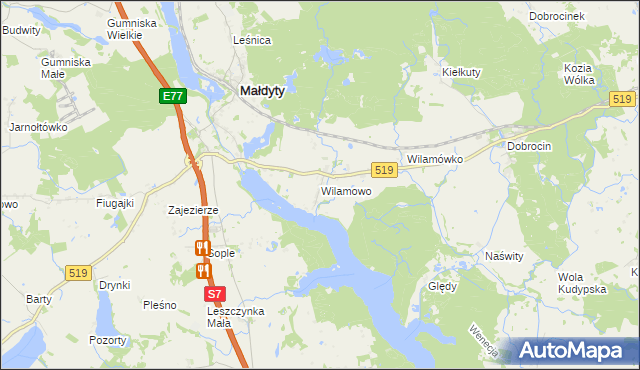 mapa Wilamowo gmina Małdyty, Wilamowo gmina Małdyty na mapie Targeo