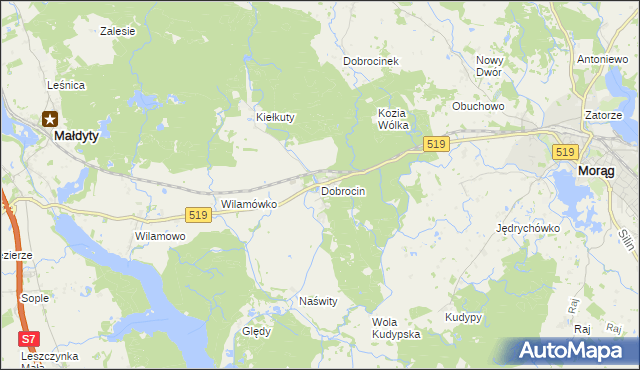 mapa Dobrocin gmina Małdyty, Dobrocin gmina Małdyty na mapie Targeo