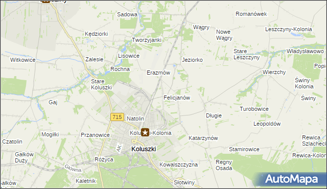 mapa Felicjanów gmina Koluszki, Felicjanów gmina Koluszki na mapie Targeo